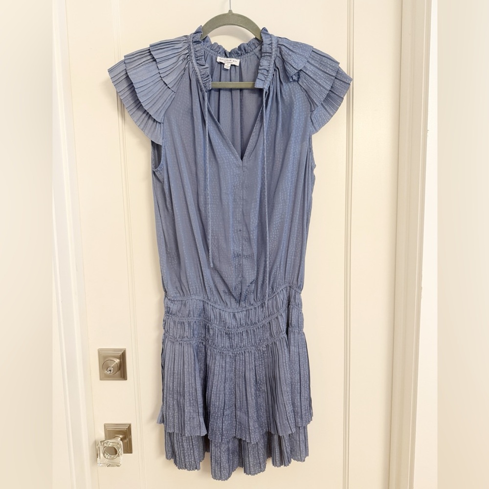 Current Air Zoey Pleated Mini Dress Womens XS Blue Tiered Ruffle Animal Print